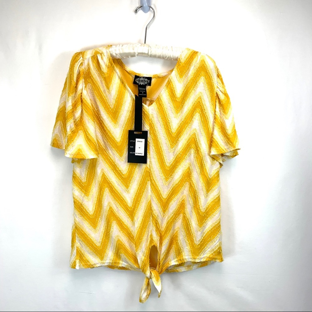 NWT Oliver Yellow Chevron Blouse Bell Sleeve Top Womens Shirt Medium Knot Shirt